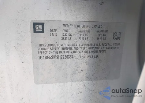 2017 Chevrolet Cruze Lt Auto from USA, damaged, VIN 1G1BE5SM9H7220367
